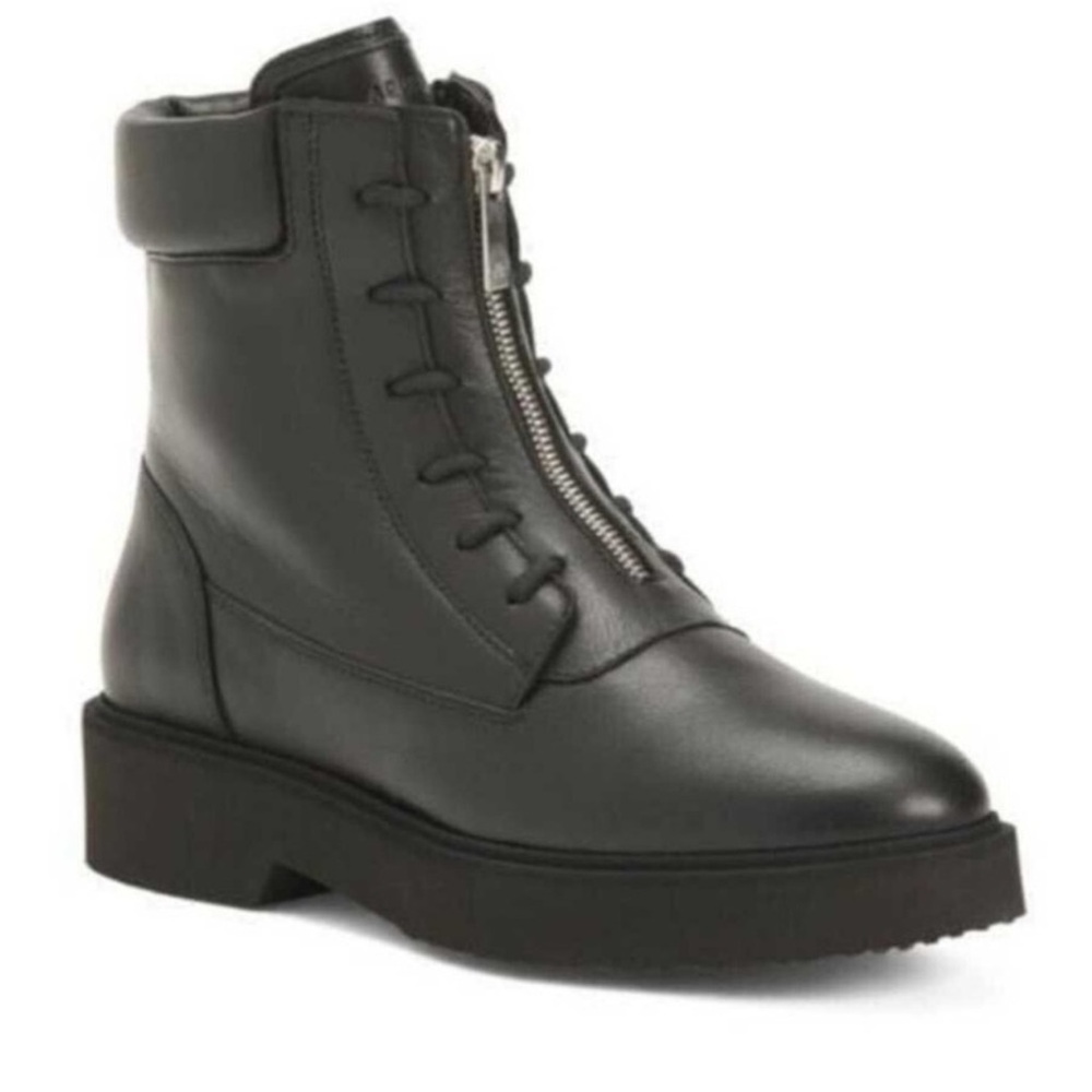 Aquatalia Melani Black Combat Moto Boots with Front Zip